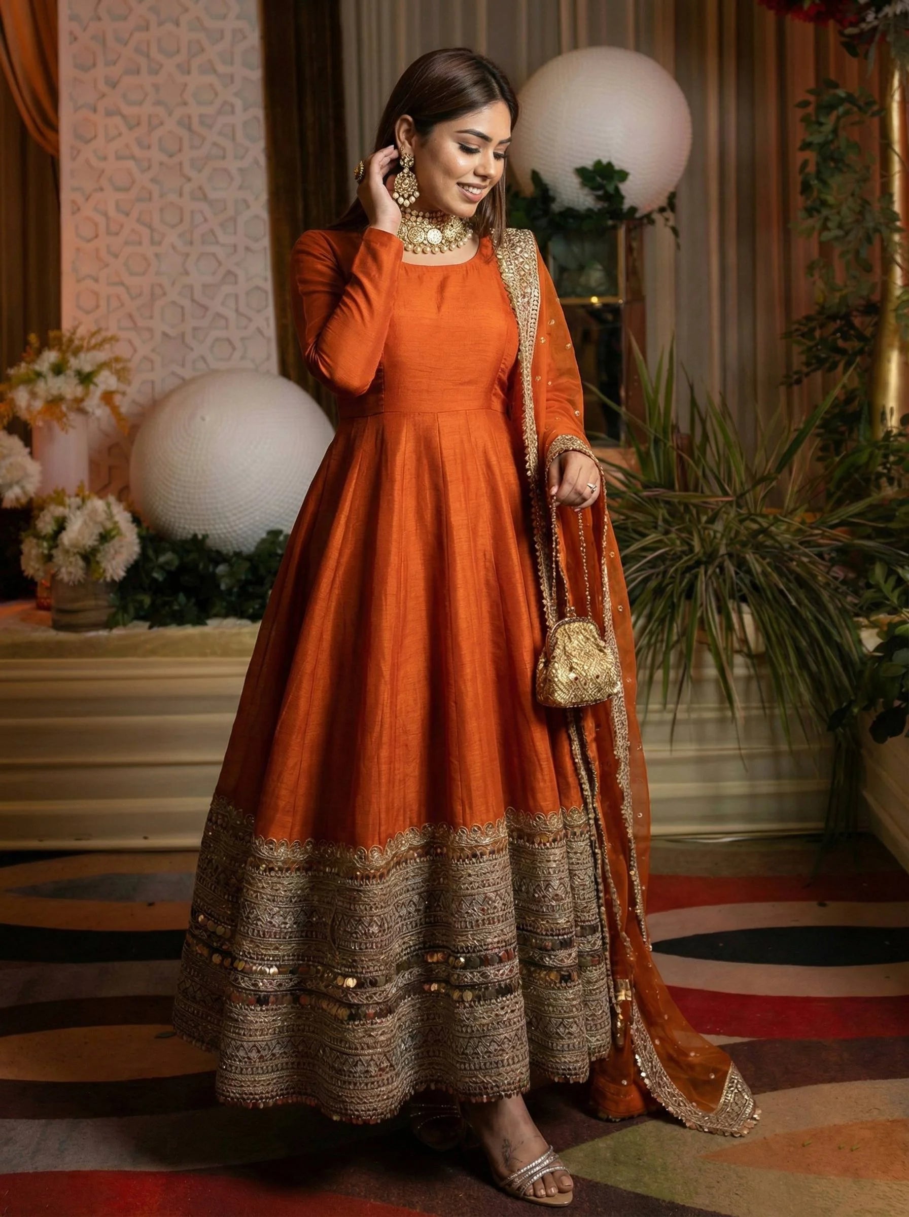 Stunning Orange Anarkali Gown with Coding Sequence Embellishment