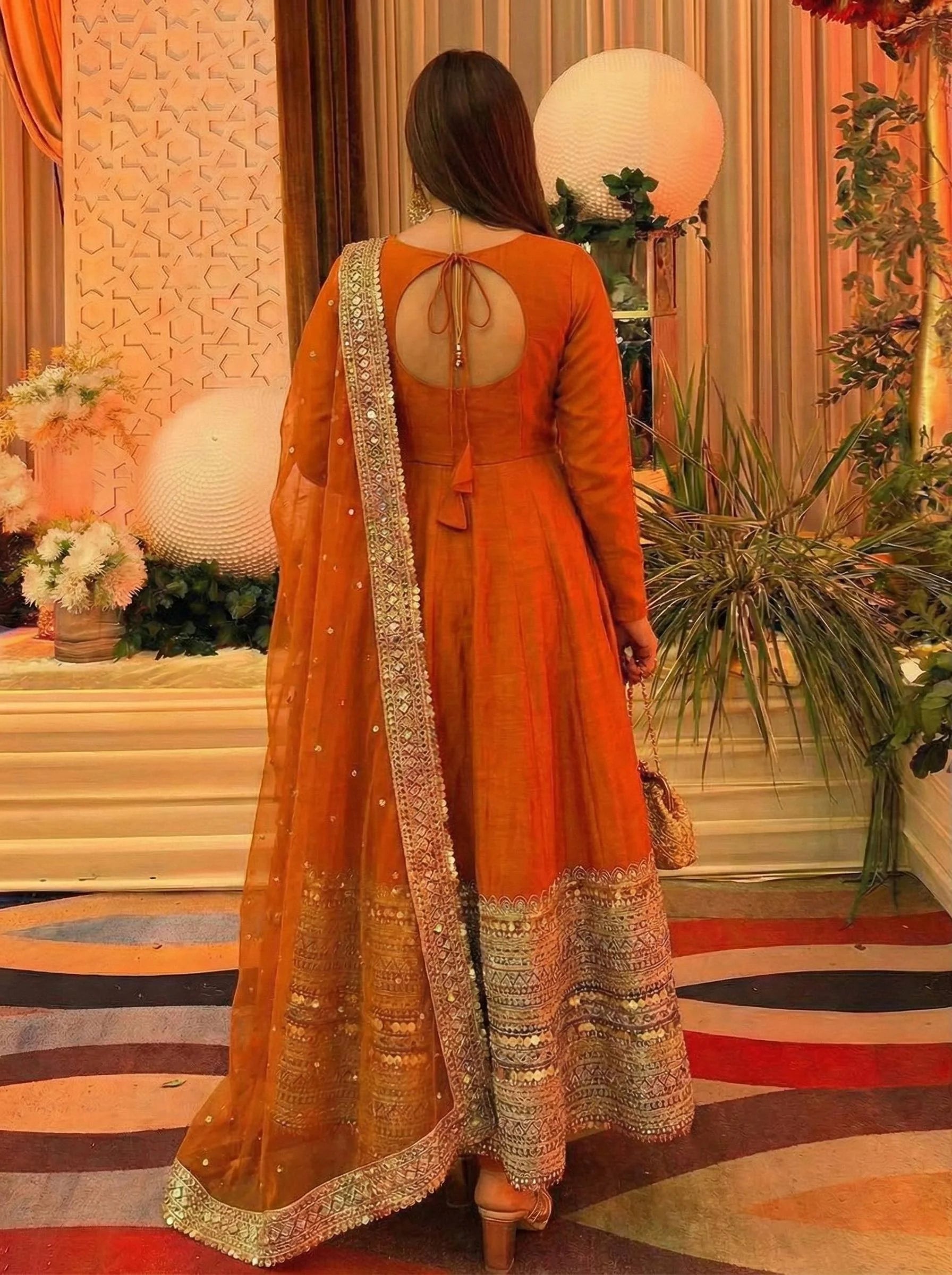 Stunning Orange Anarkali Gown with Coding Sequence Embellishment