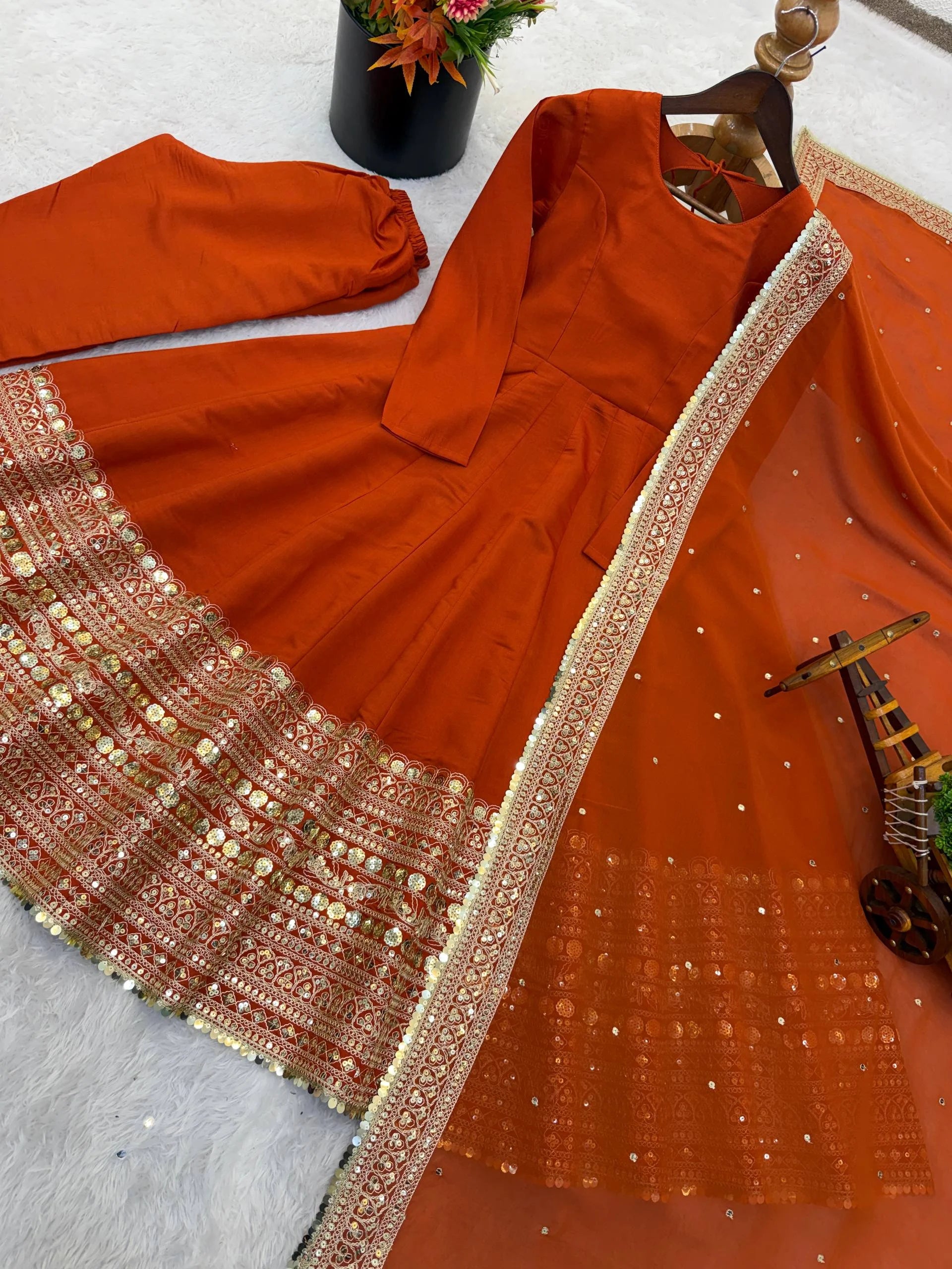 Stunning Orange Anarkali Gown with Coding Sequence Embellishment