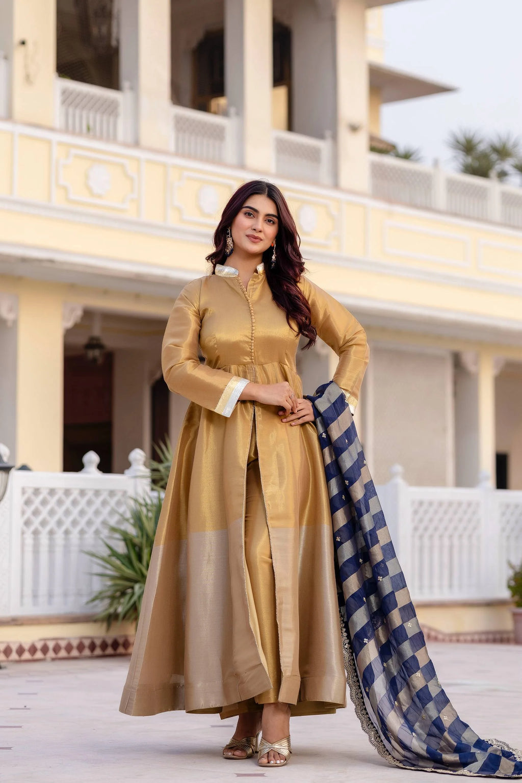 Classic Banarasi Viscose Gown with Embroidered Dupatta & Matching Pant
