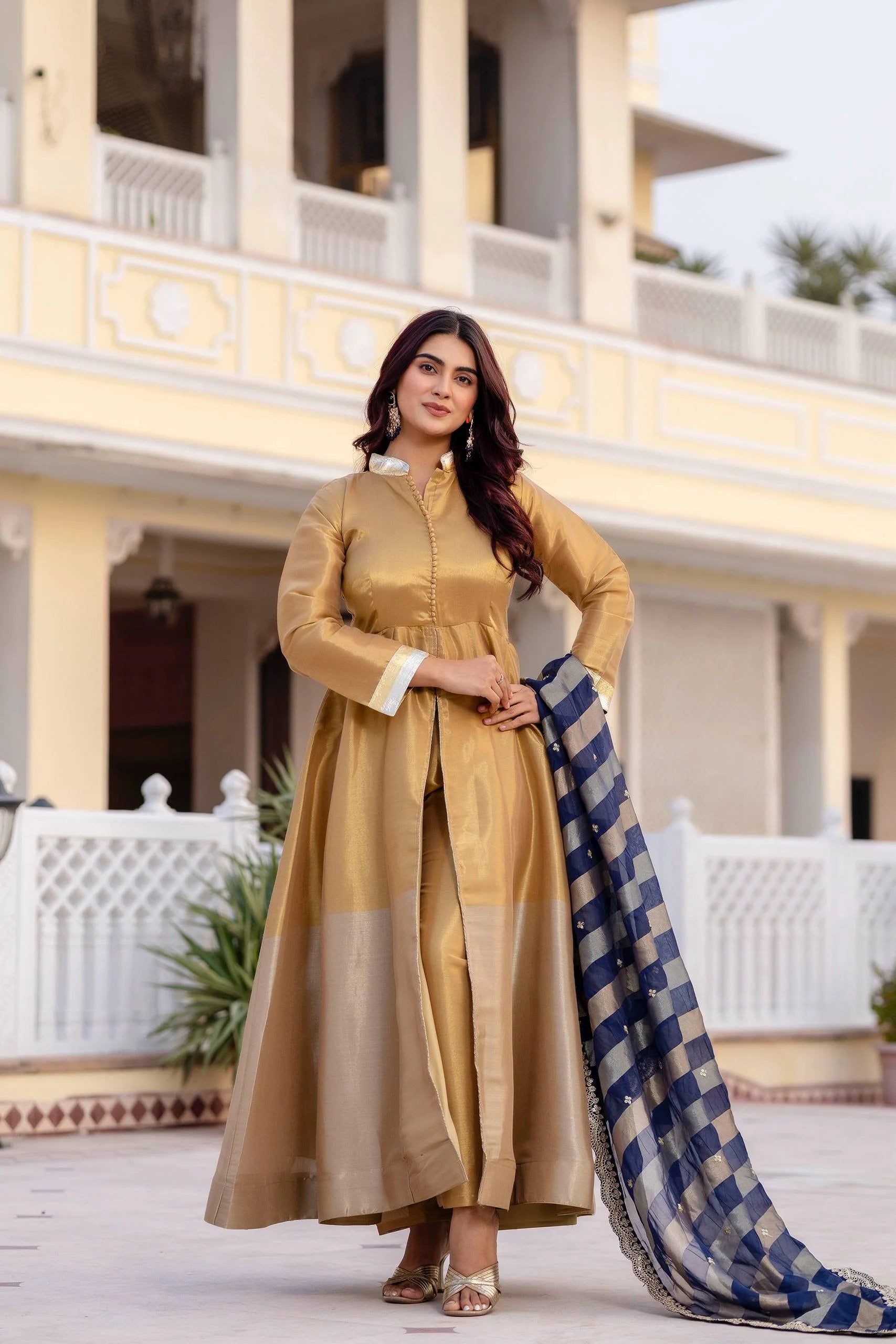Classic Banarasi Viscose Gown with Embroidered Dupatta & Matching Pant