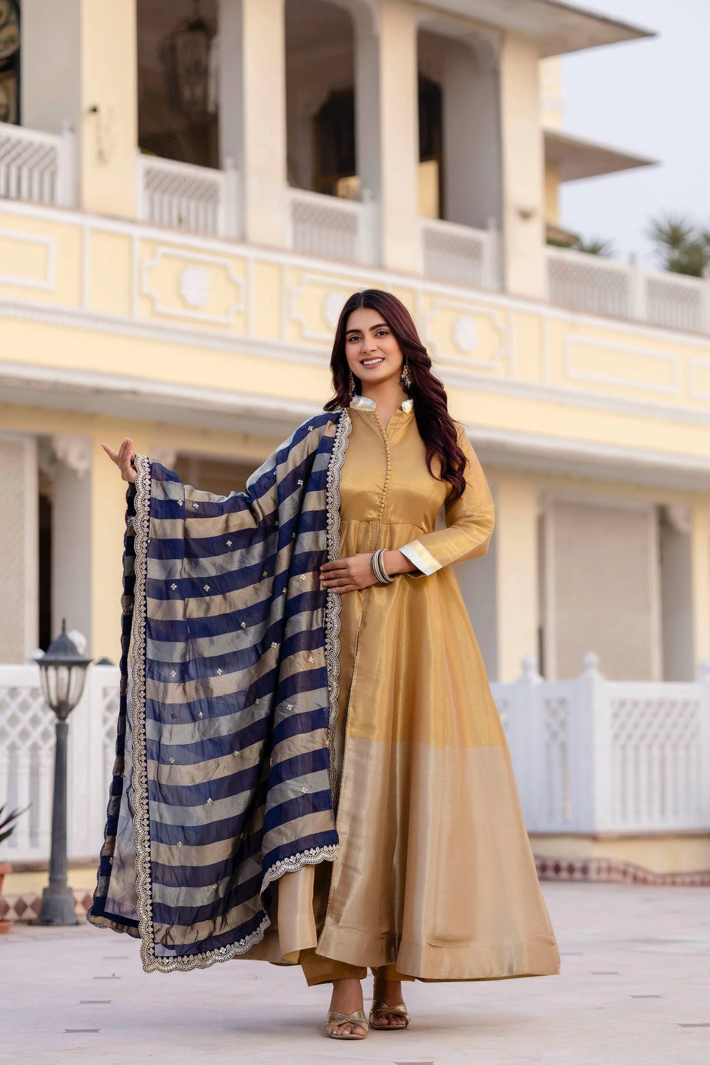 Classic Banarasi Viscose Gown with Embroidered Dupatta & Matching Pant