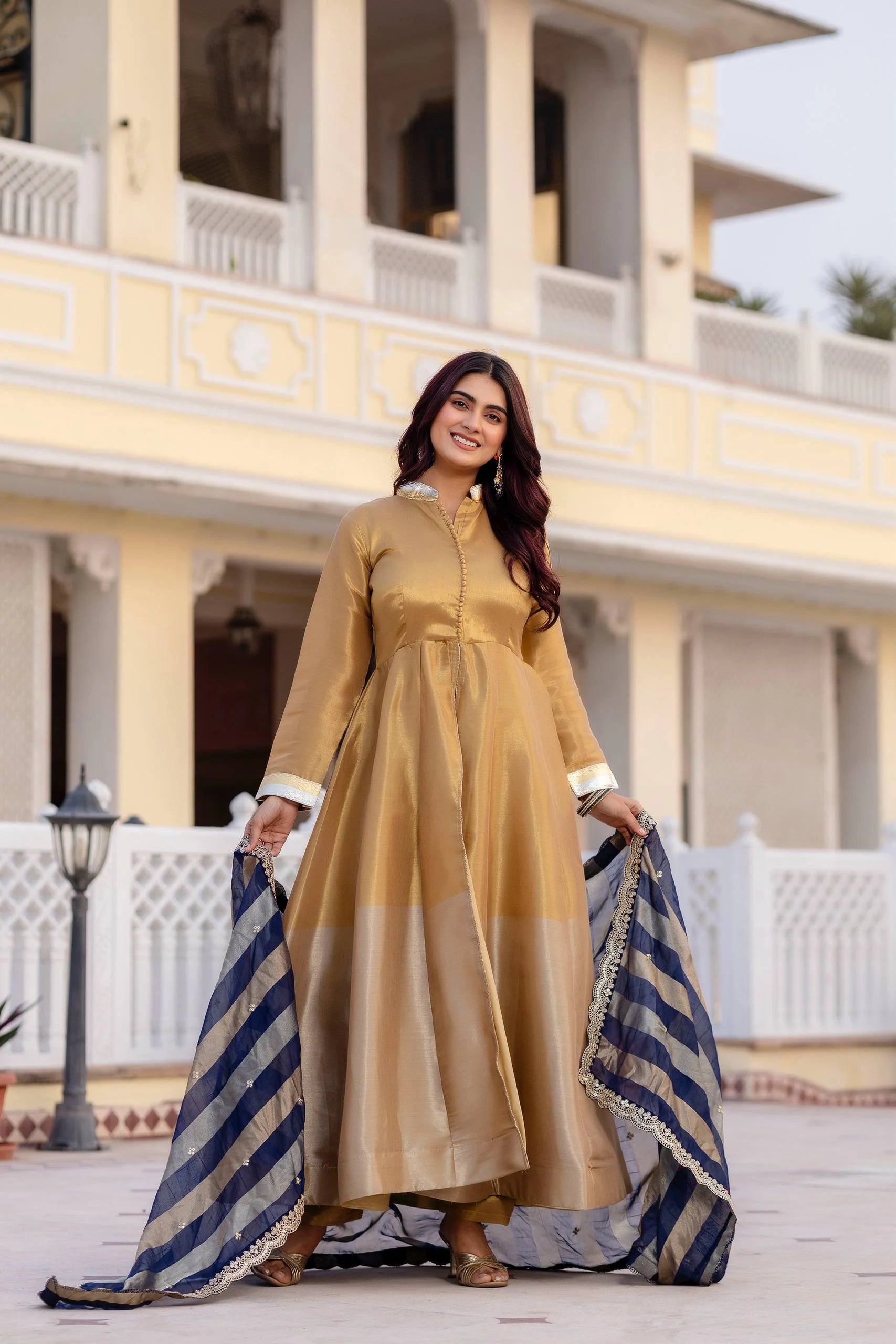 Classic Banarasi Viscose Gown with Embroidered Dupatta & Matching Pant