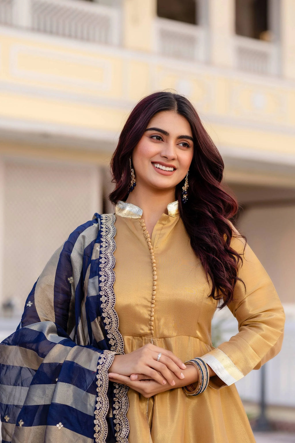 Classic Banarasi Viscose Gown with Embroidered Dupatta & Matching Pant