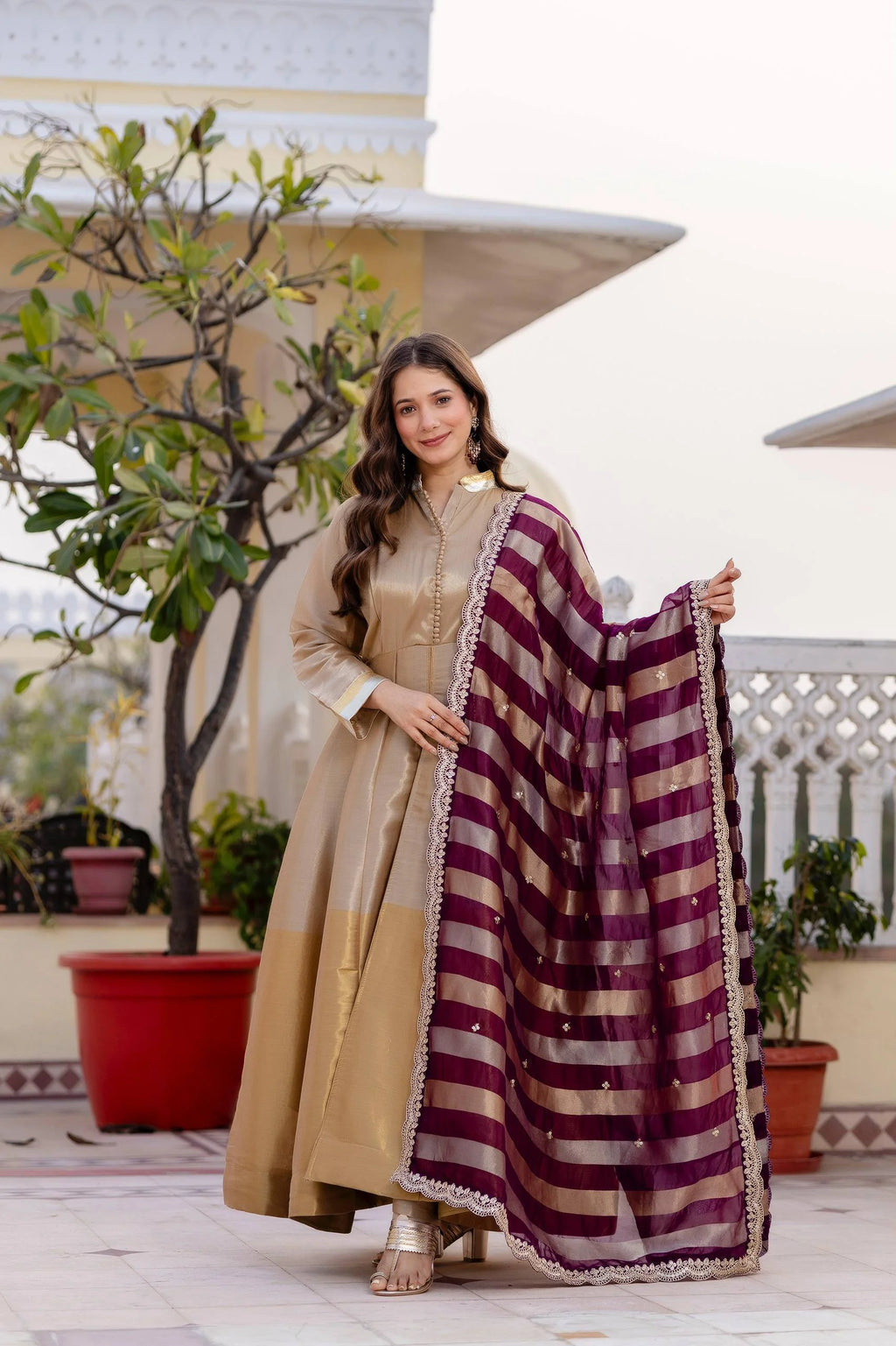 Classic Banarasi Viscose Gown with Embroidered Dupatta & Matching Pant