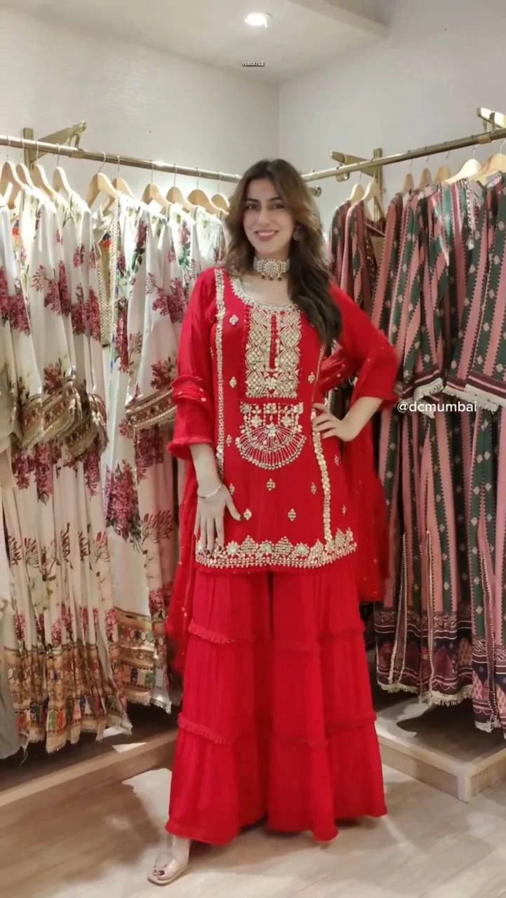 Red Faux Georgette Sharara Set with Heavy Sequence Embroidery