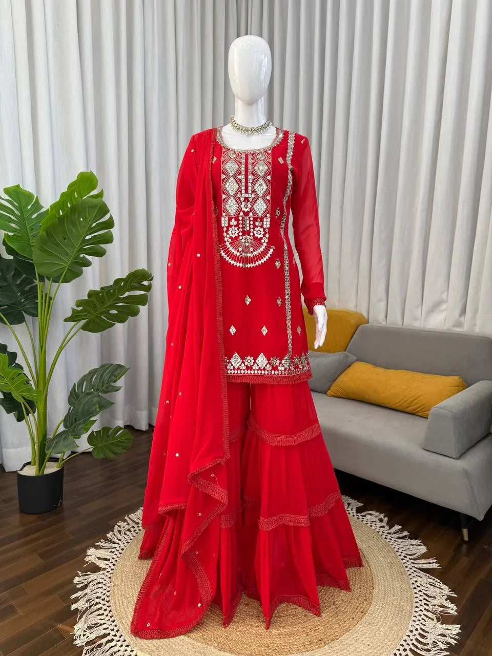 Red Faux Georgette Sharara Set with Heavy Sequence Embroidery
