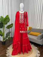 Red Faux Georgette Sharara Set with Heavy Sequence Embroidery
