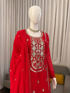 Red Faux Georgette Sharara Set with Heavy Sequence Embroidery