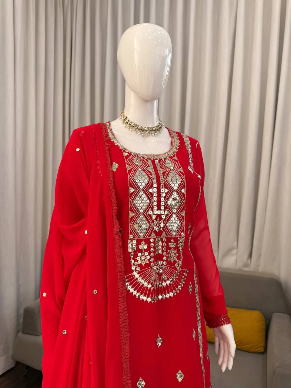 Red Faux Georgette Sharara Set with Heavy Sequence Embroidery