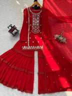 Red Faux Georgette Sharara Set with Heavy Sequence Embroidery