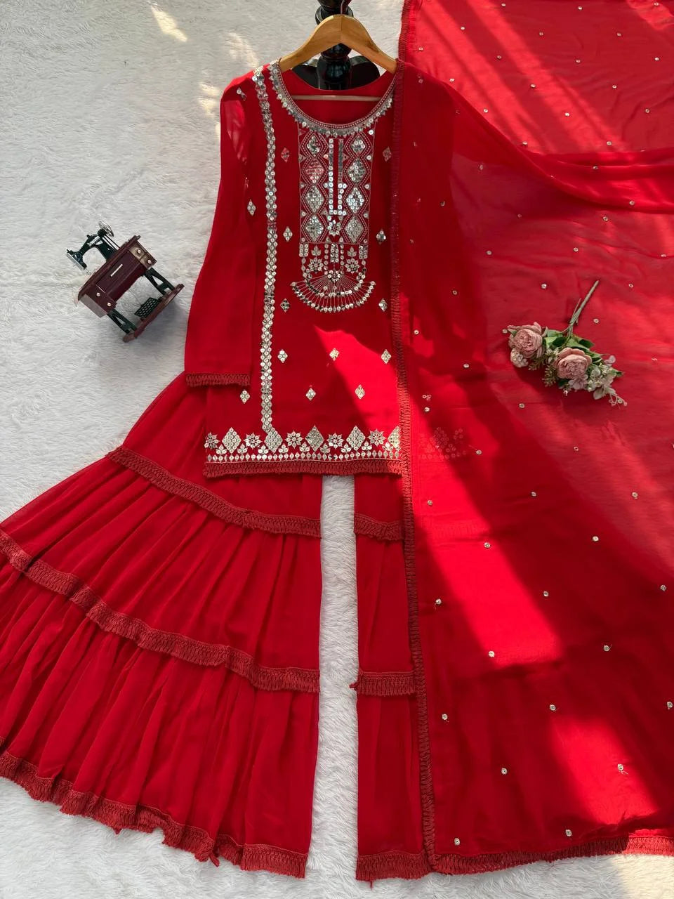 Red Faux Georgette Sharara Set with Heavy Sequence Embroidery