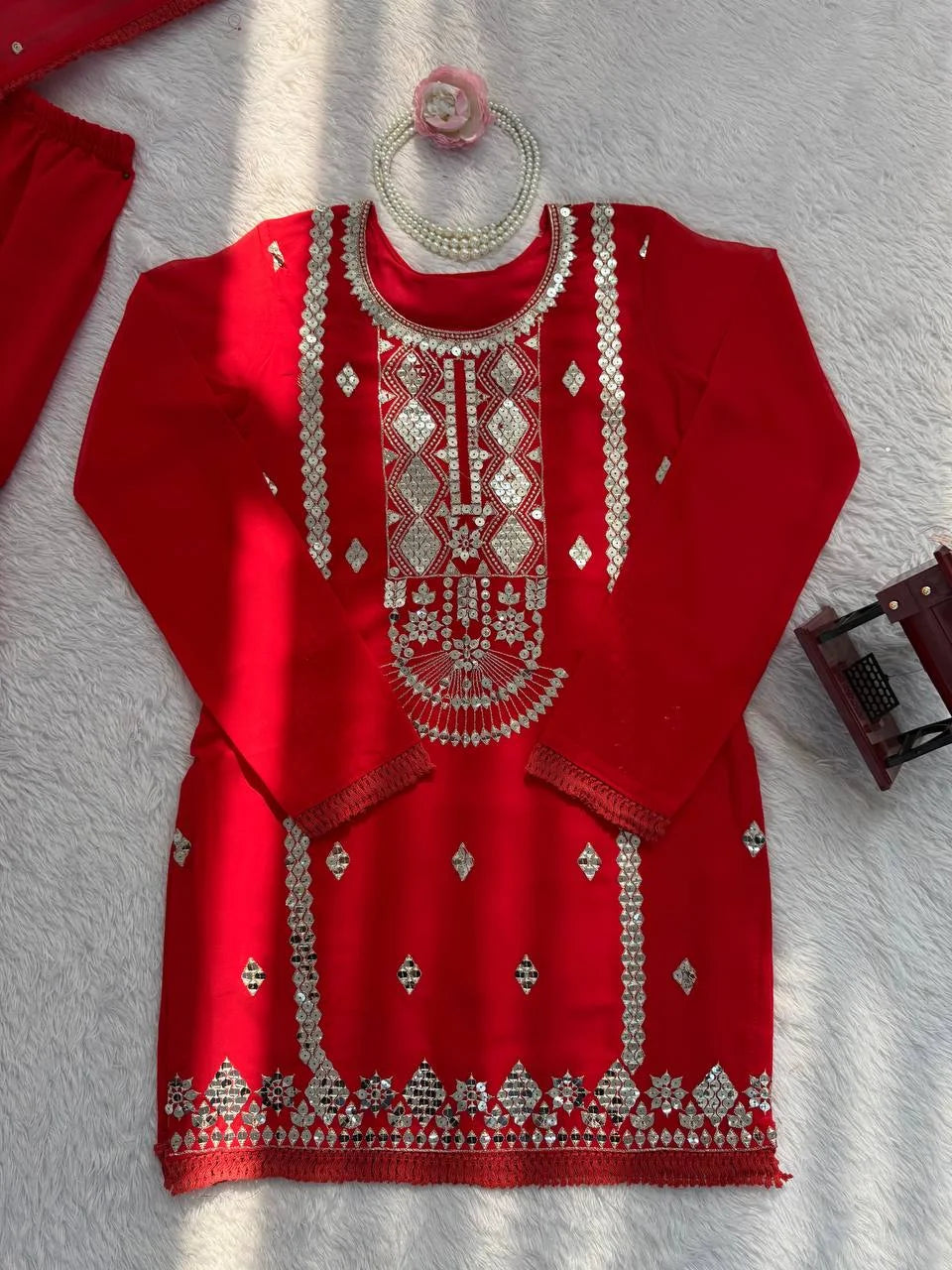 Red Faux Georgette Sharara Set with Heavy Sequence Embroidery