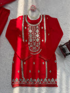Red Faux Georgette Sharara Set with Heavy Sequence Embroidery
