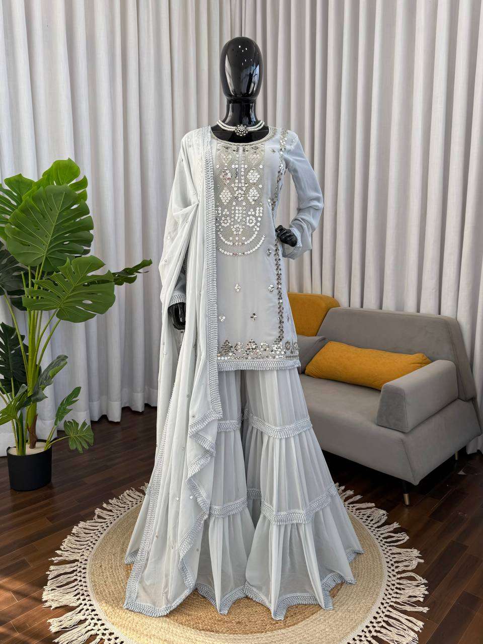 Graceful White Sharara Outfit with Embroidered Top & Dupatta