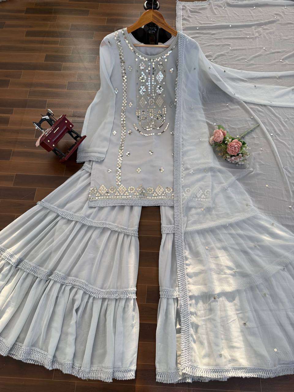 Graceful White Sharara Outfit with Embroidered Top & Dupatta