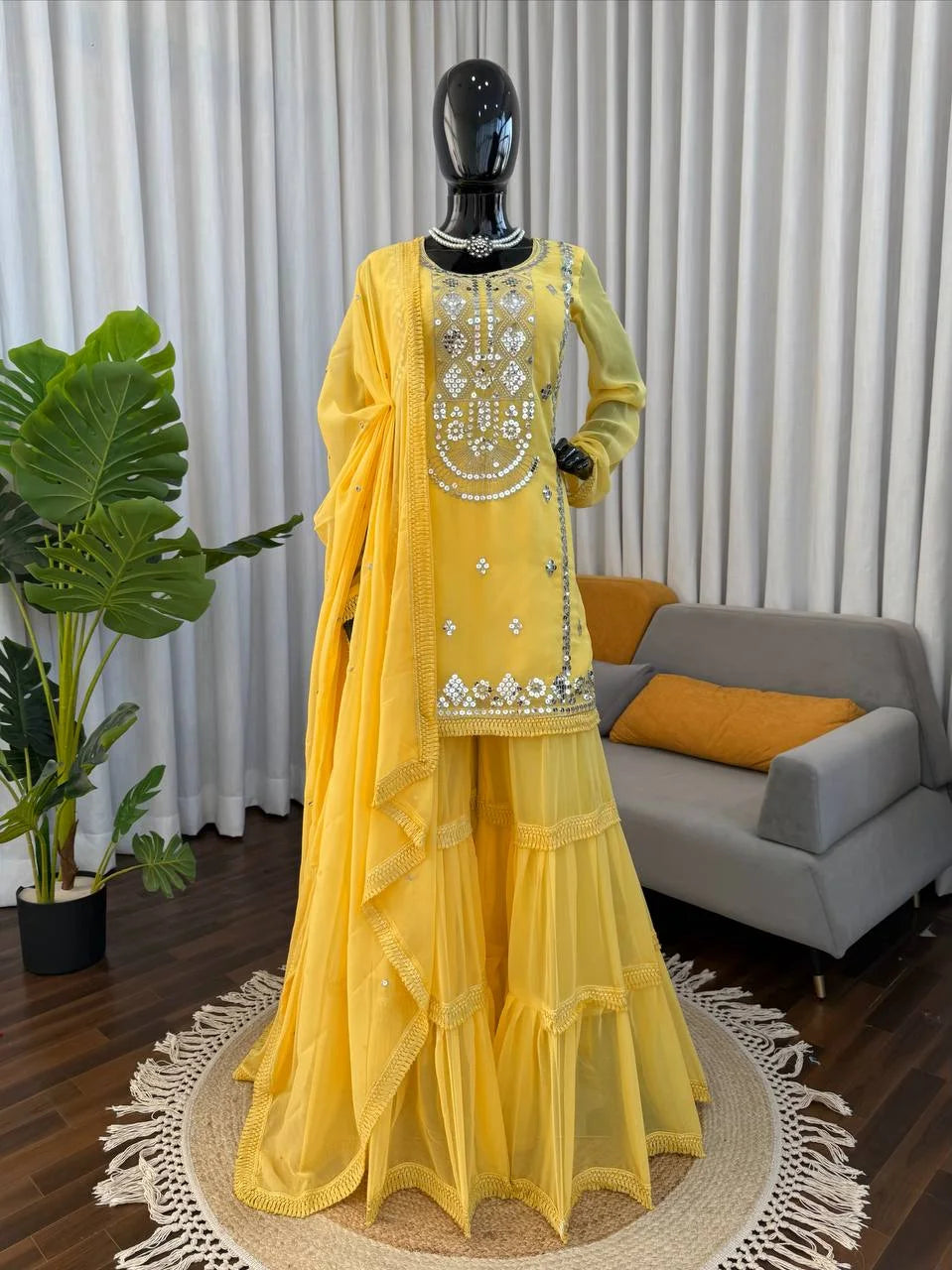 Sunshine Yellow Thread & Sequence Embroidered Sharara Suit Set
