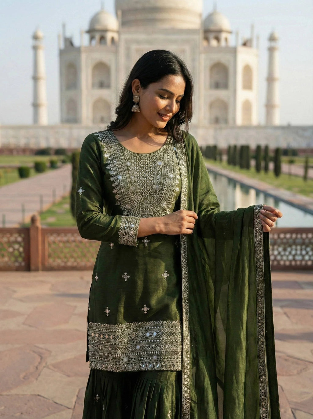 Premium Green GMY Silk Sharara Outfit with Embroidered Full Sleeves Top