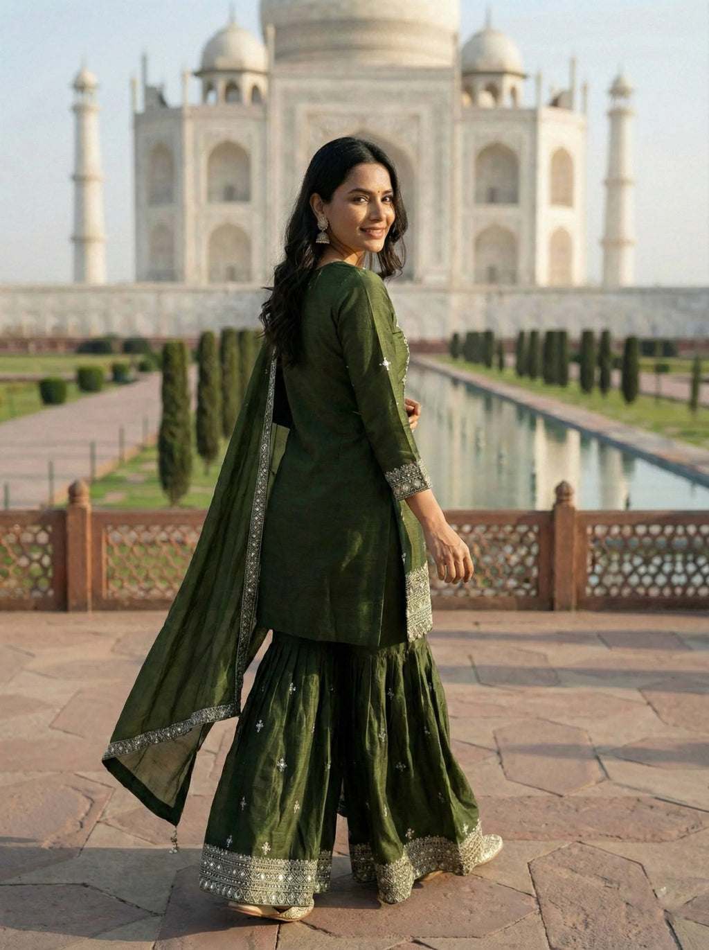 Premium Green GMY Silk Sharara Outfit with Embroidered Full Sleeves Top