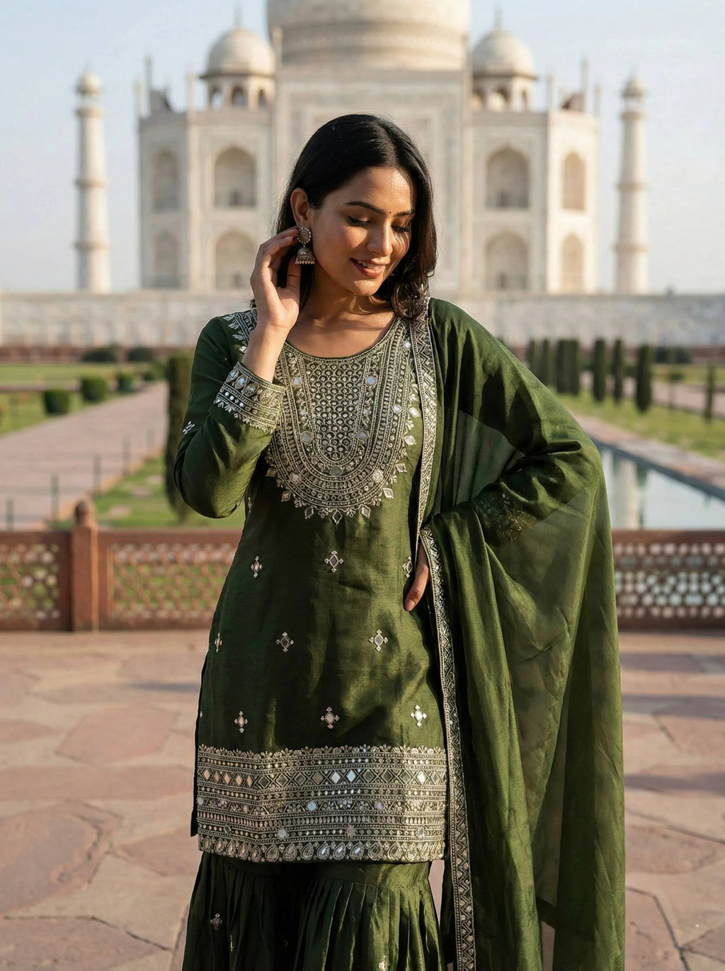 Premium Green GMY Silk Sharara Outfit with Embroidered Full Sleeves Top