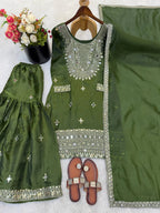 Premium Green GMY Silk Sharara Outfit with Embroidered Full Sleeves Top