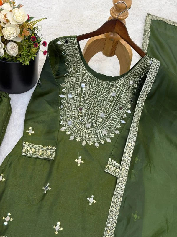 Premium Green GMY Silk Sharara Outfit with Embroidered Full Sleeves Top