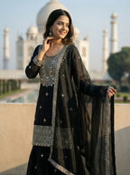 Elegant Black Embroidery Sequence Sharara Suit for Eid