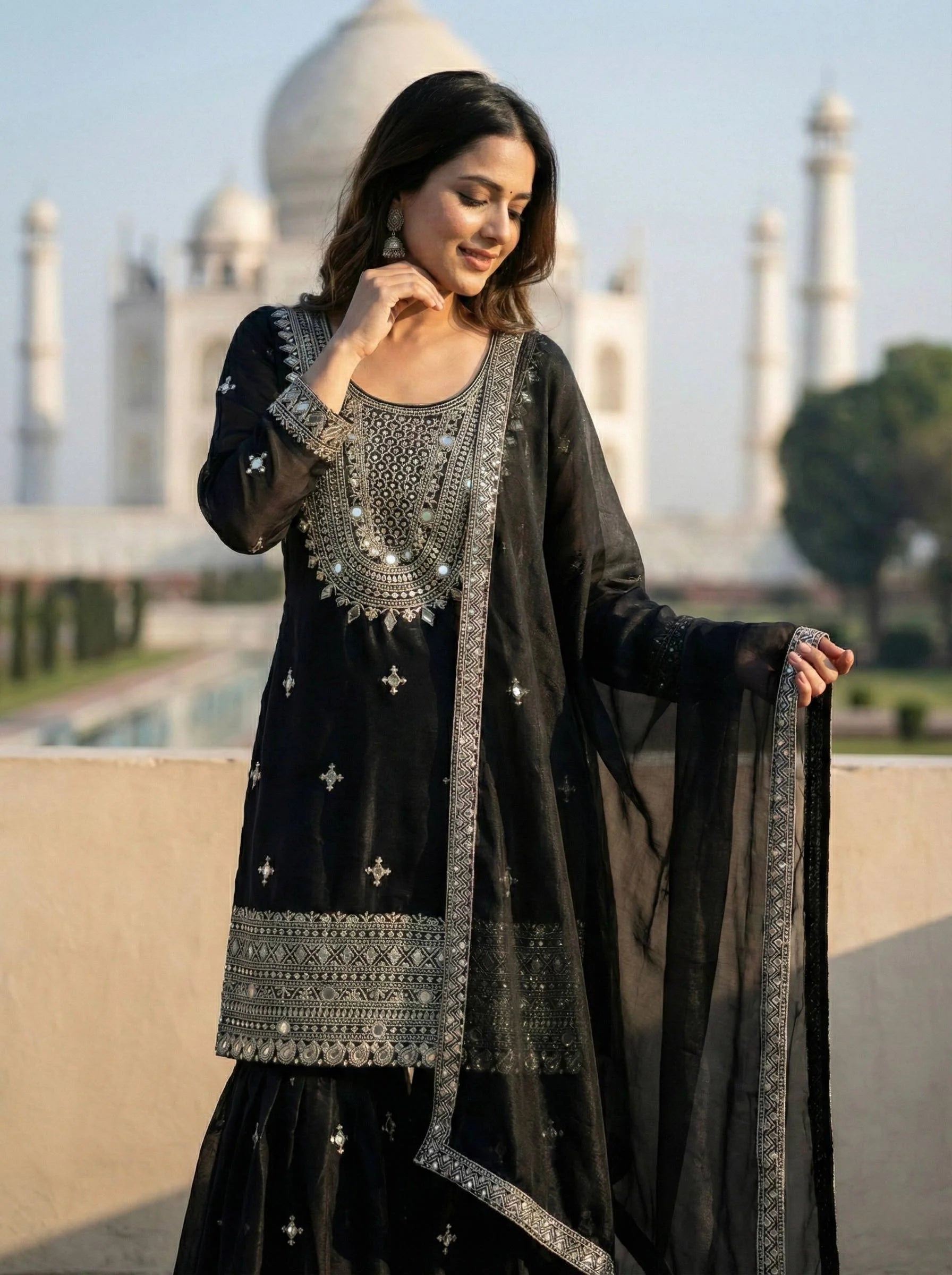 Elegant Black Embroidery Sequence Sharara Suit for Eid