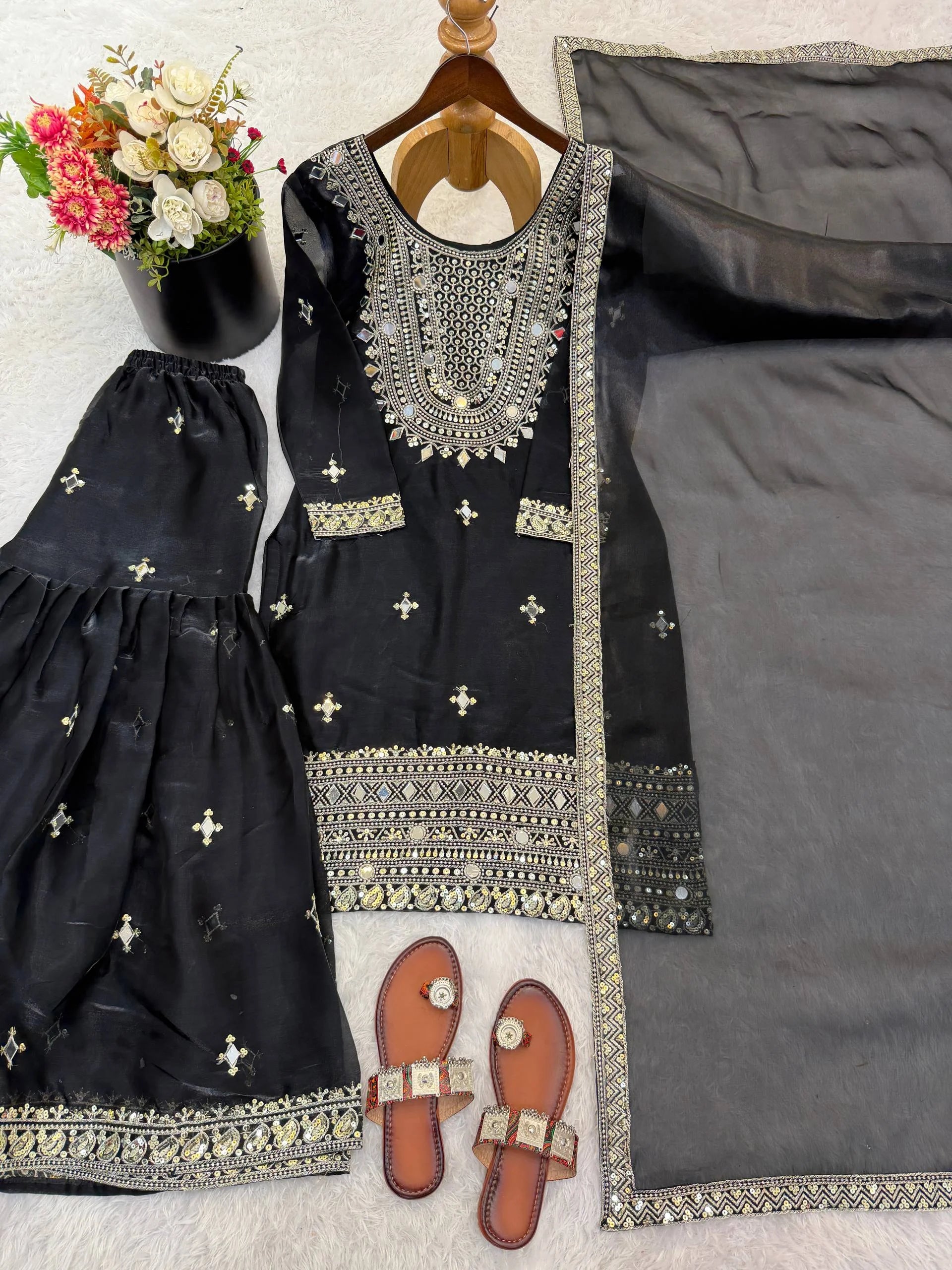 Elegant Black Embroidery Sequence Sharara Suit for Eid