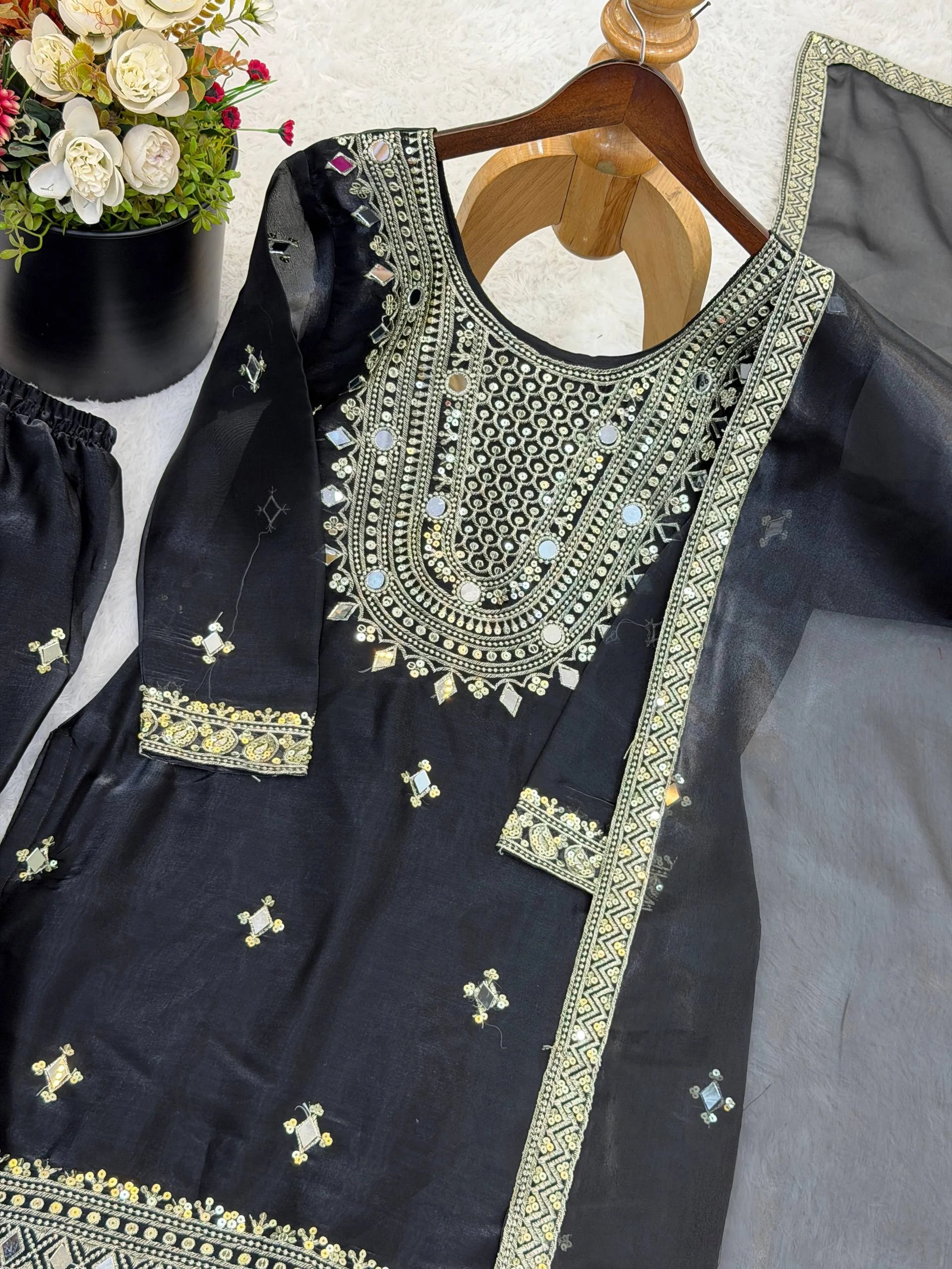 Elegant Black Embroidery Sequence Sharara Suit for Eid