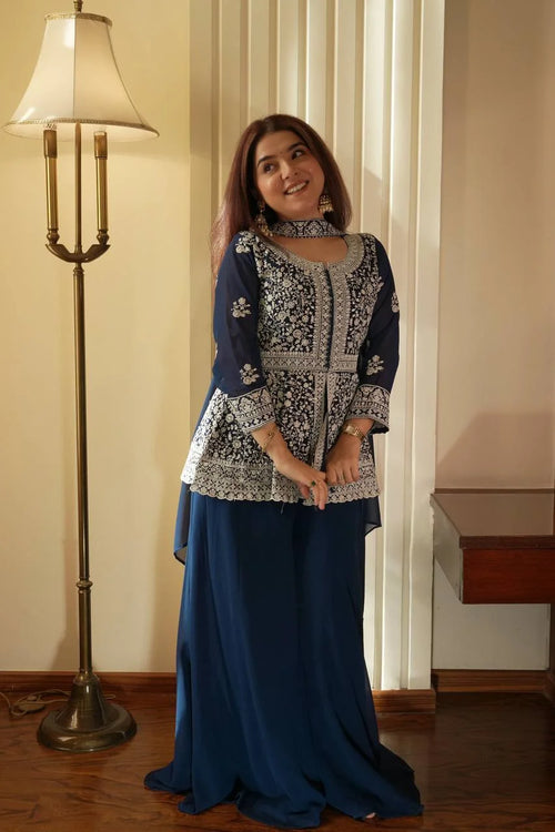 Classic Georgette Kurti Plazzo Suit with Embroidery Work