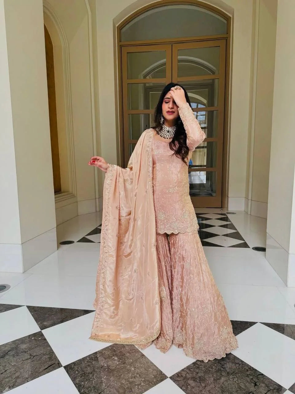 Party Style Silk Sharara Suit with Embroidered Dupatta