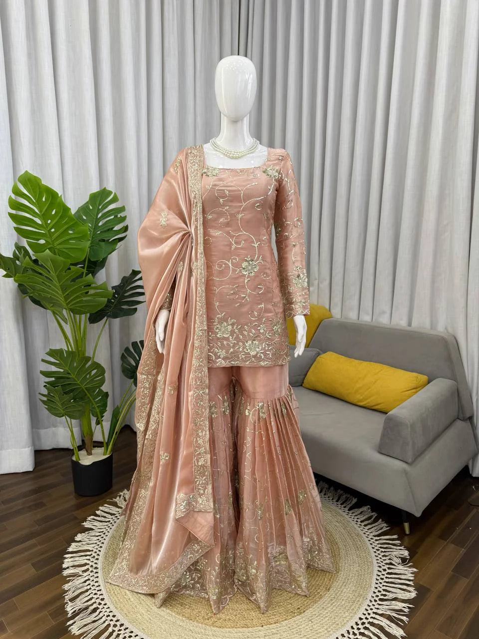 Party Style Silk Sharara Suit with Embroidered Dupatta