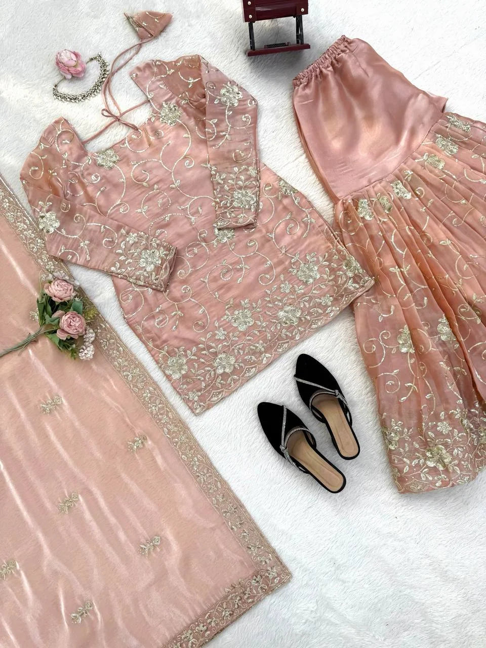 Party Style Silk Sharara Suit with Embroidered Dupatta