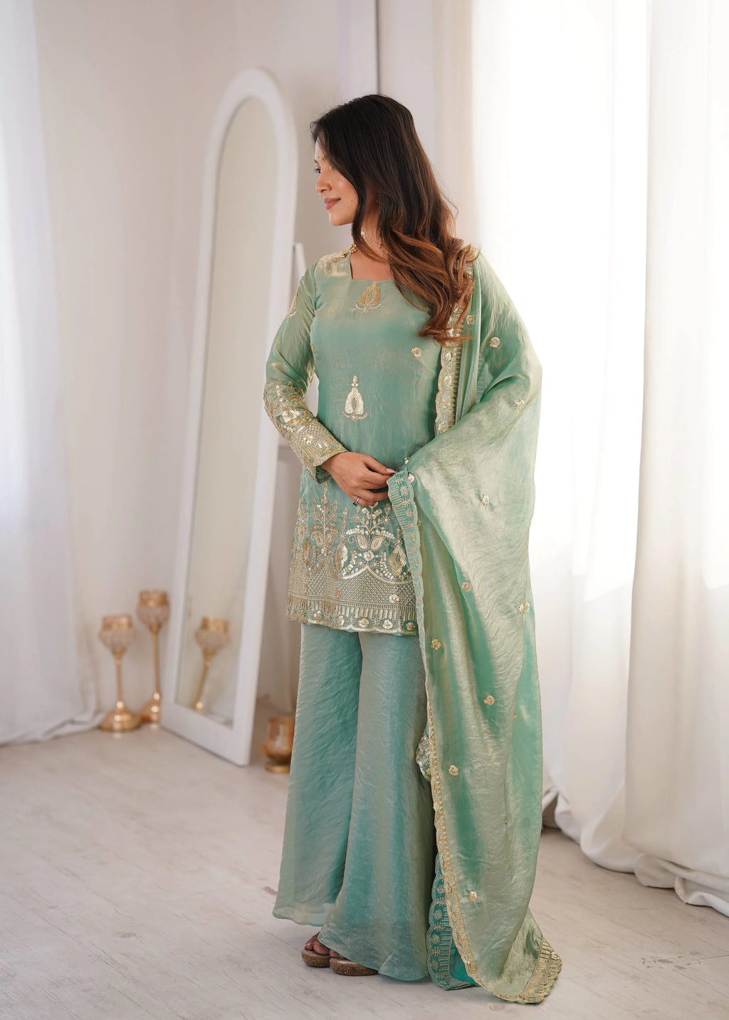 Eid Special Sea Green Palazo Set with Embroidery Dupatta
