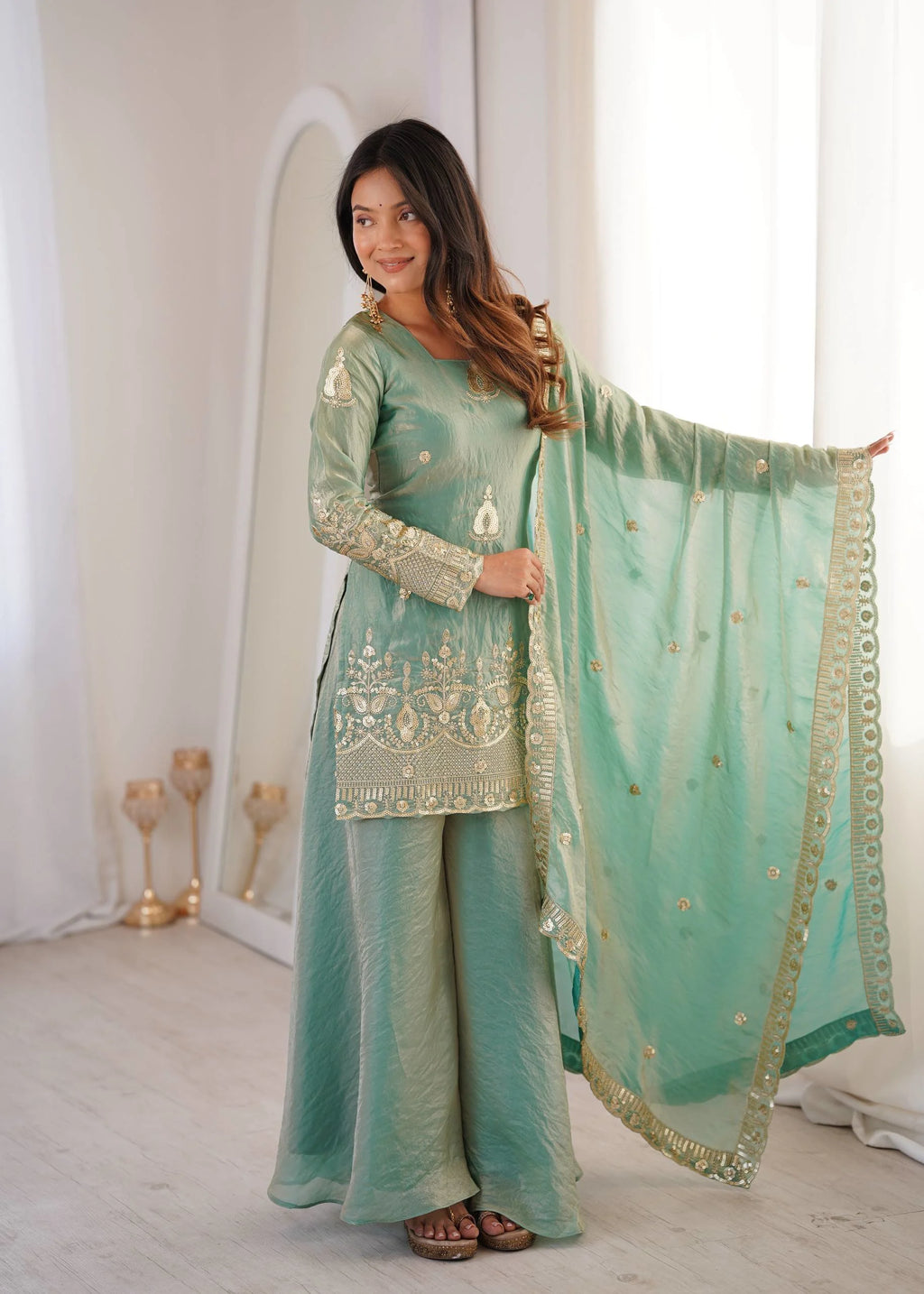 Eid Special Sea Green Palazo Set with Embroidery Dupatta