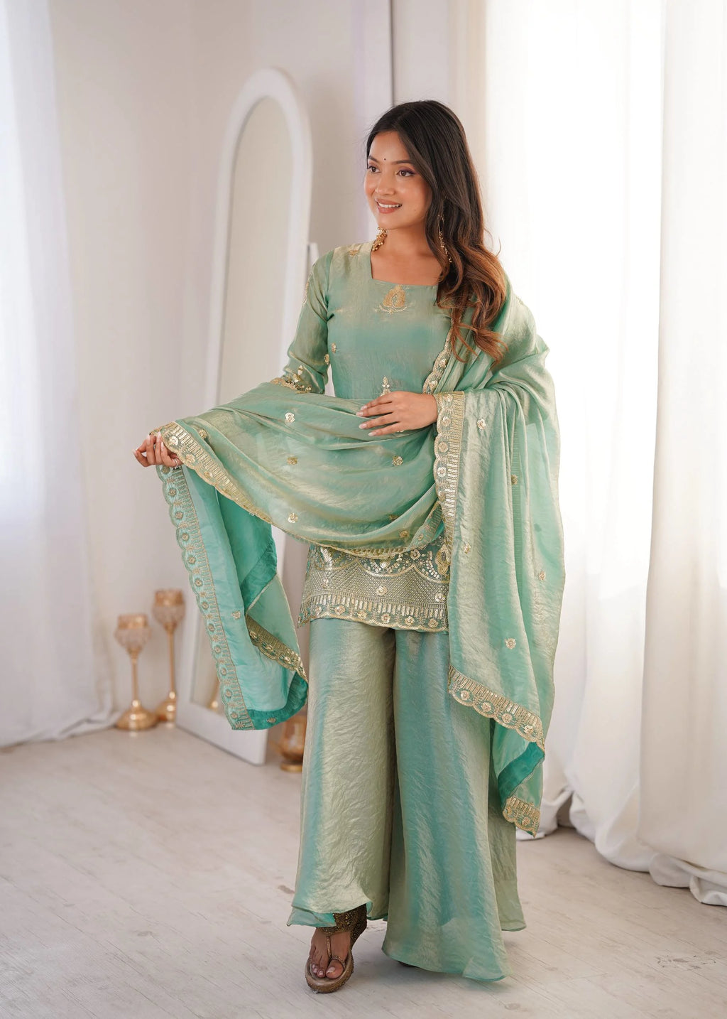 Eid Special Sea Green Palazo Set with Embroidery Dupatta