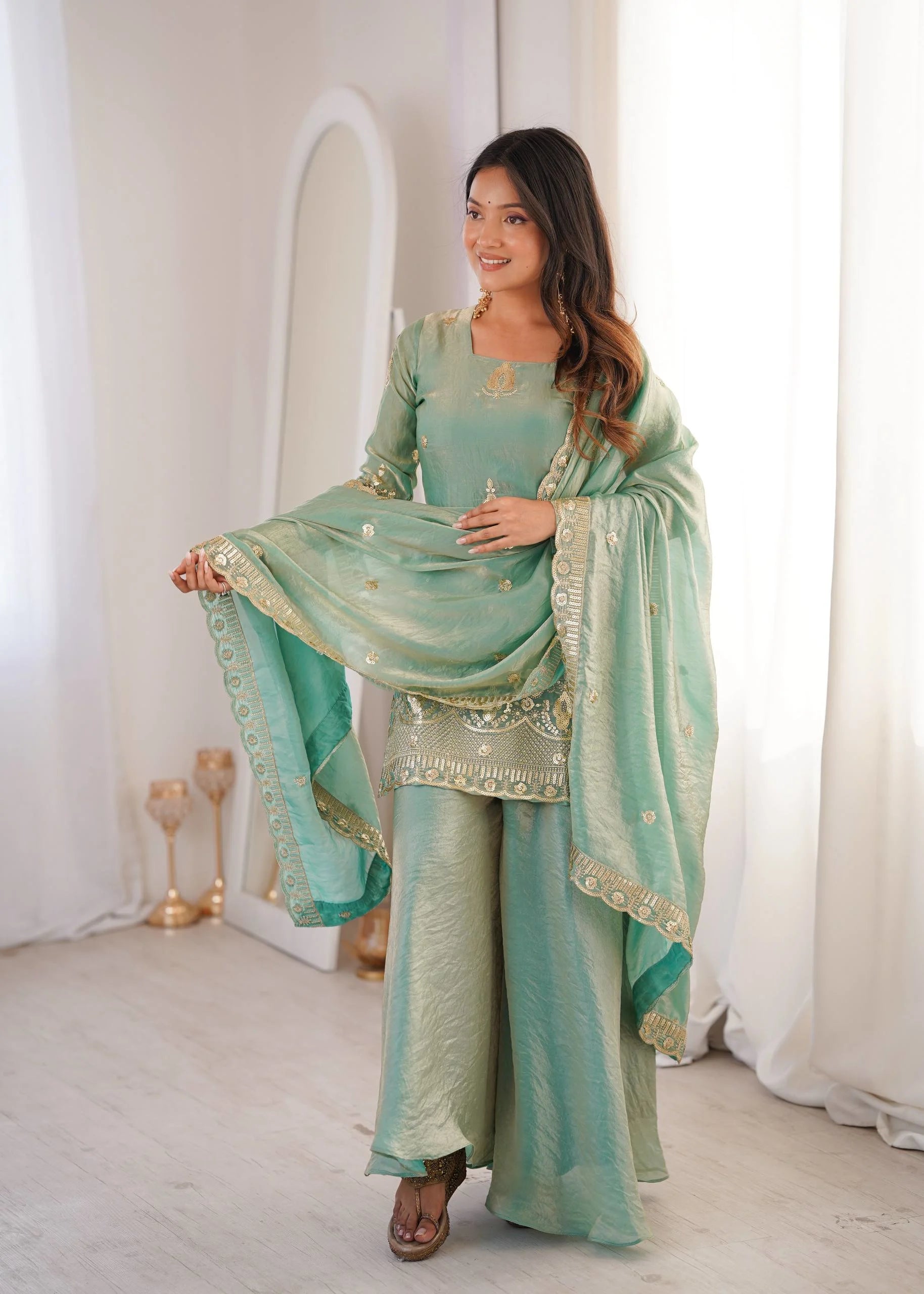 Eid Special Sea Green Palazo Set with Embroidery Dupatta