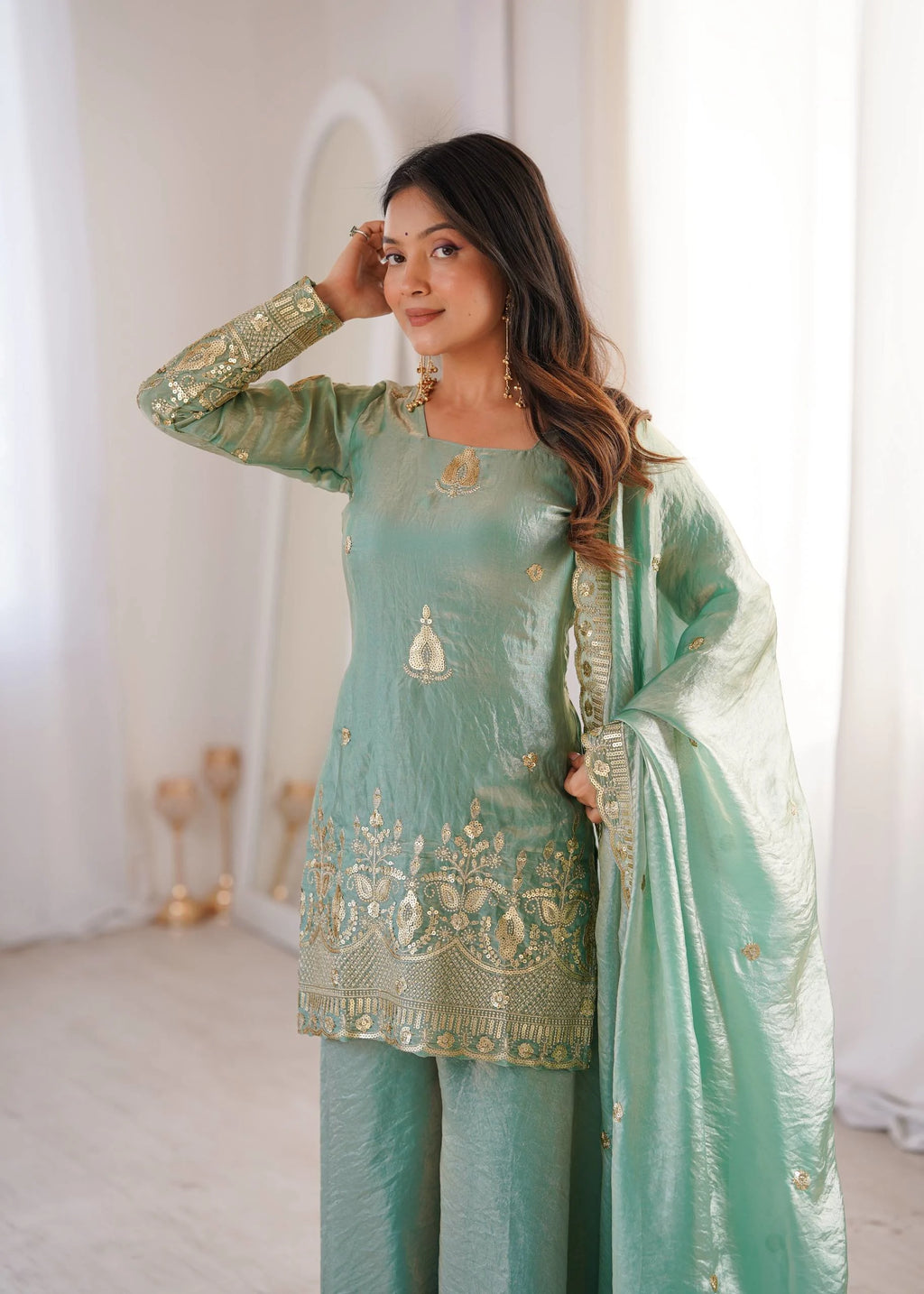 Eid Special Sea Green Palazo Set with Embroidery Dupatta