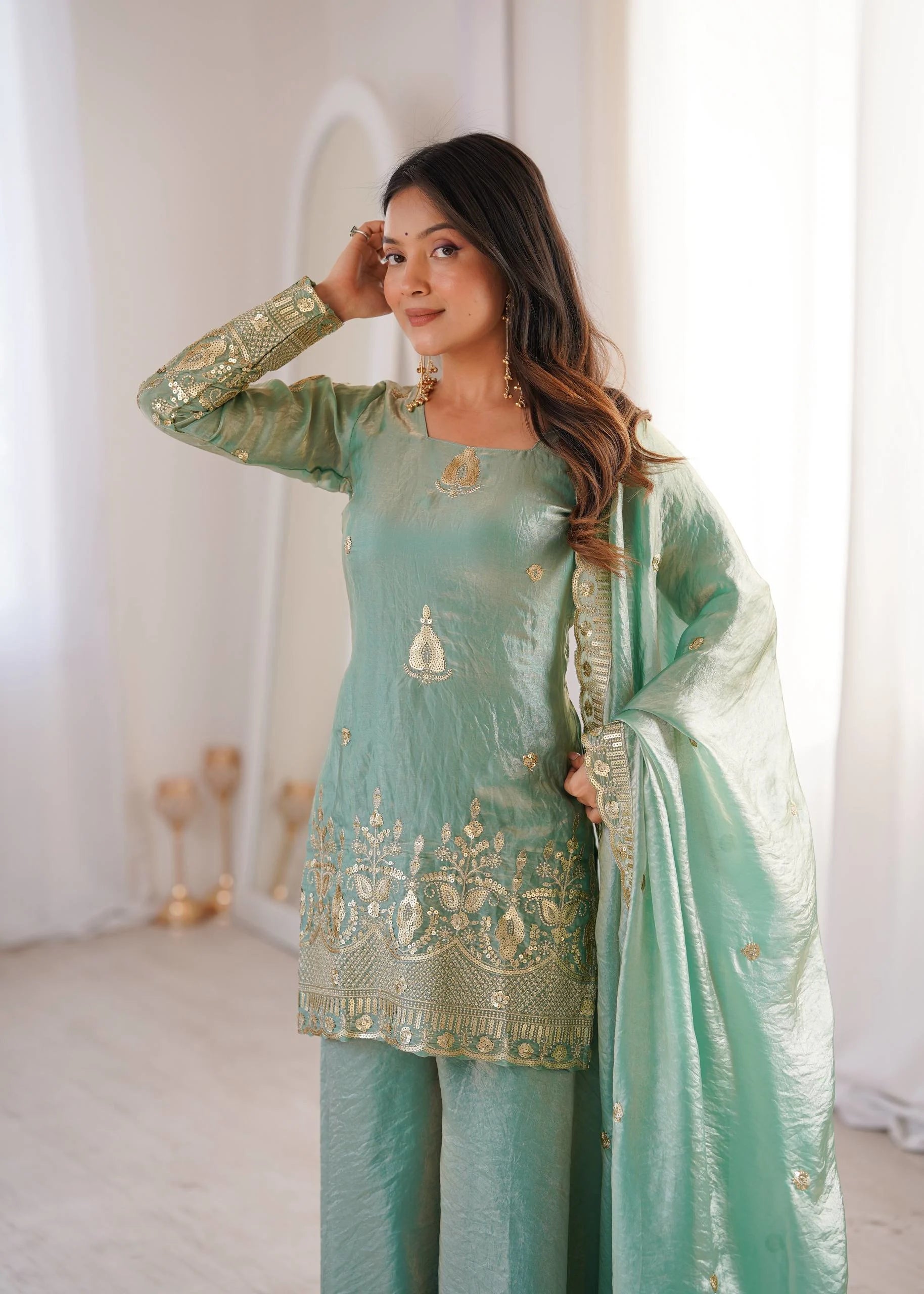 Eid Special Sea Green Palazo Set with Embroidery Dupatta