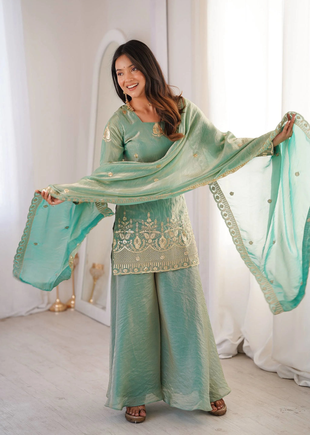 Eid Special Sea Green Palazo Set with Embroidery Dupatta