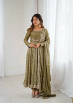 Premium Fandy Silk Gown Set with Full Flair and Elegant Detailing