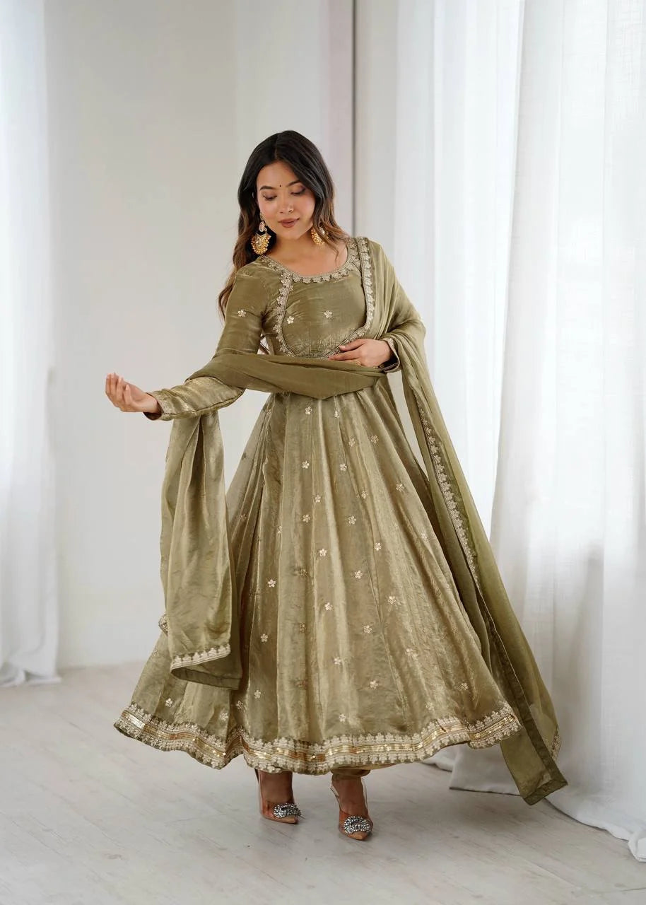 Premium Fandy Silk Gown Set with Full Flair and Elegant Detailing