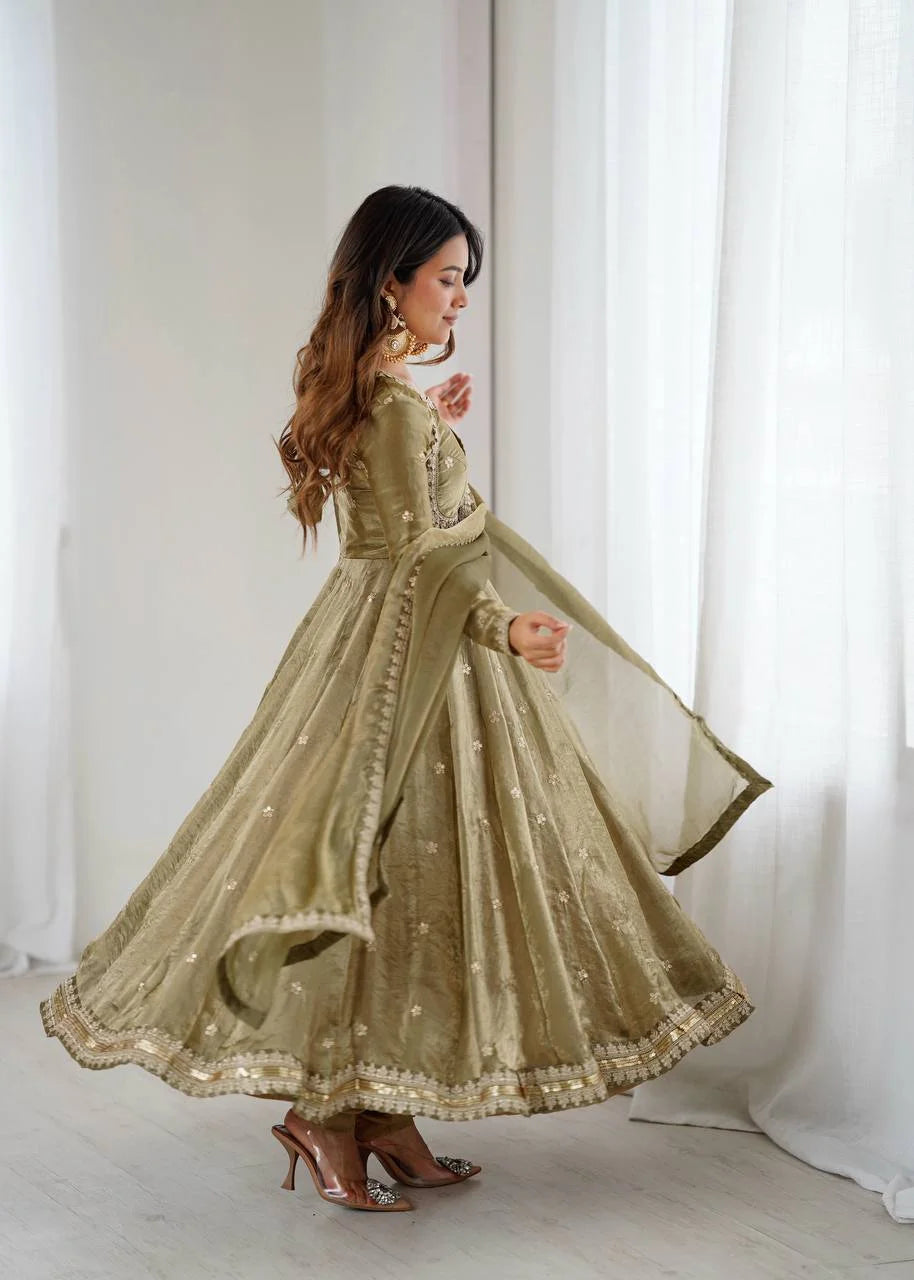 Premium Fandy Silk Gown Set with Full Flair and Elegant Detailing