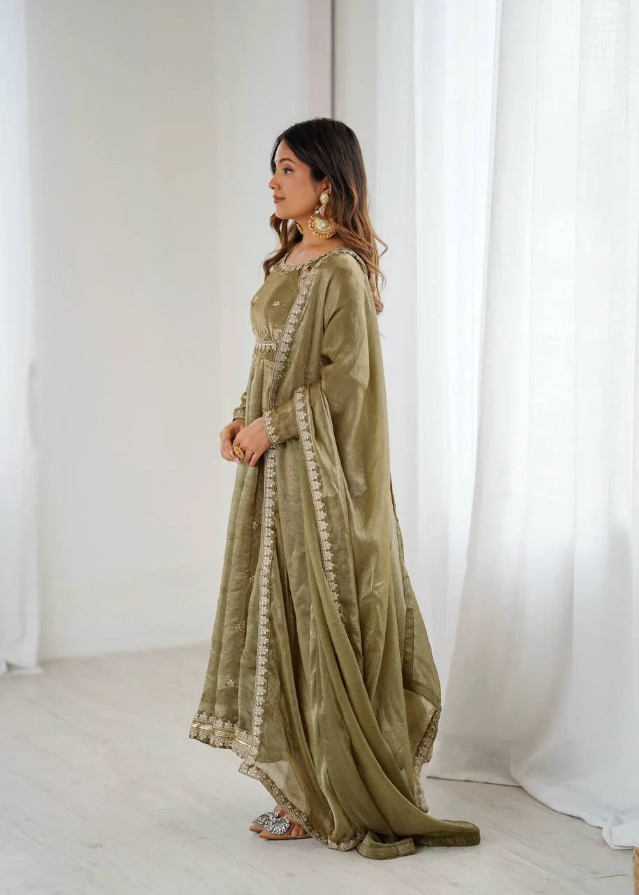 Premium Fandy Silk Gown Set with Full Flair and Elegant Detailing