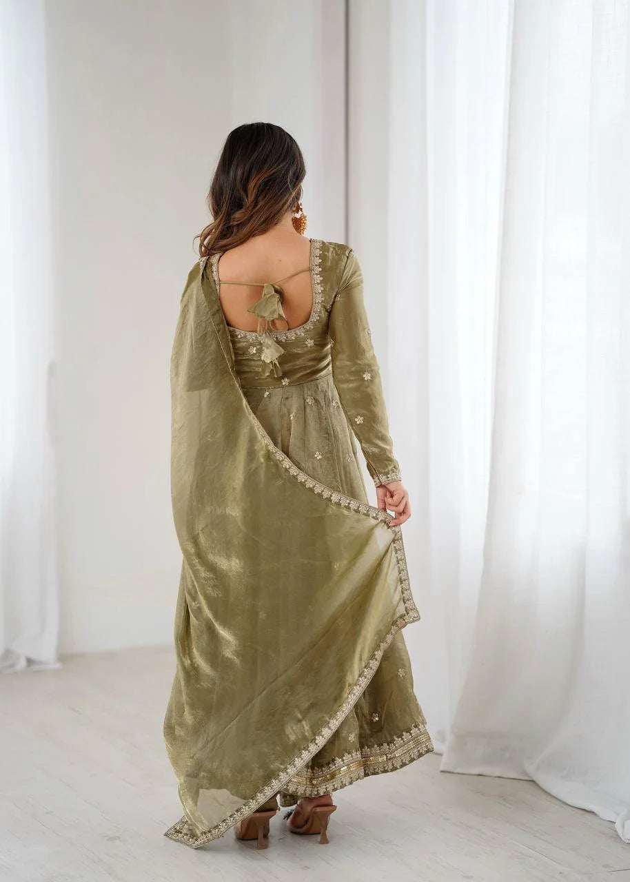 Premium Fandy Silk Gown Set with Full Flair and Elegant Detailing