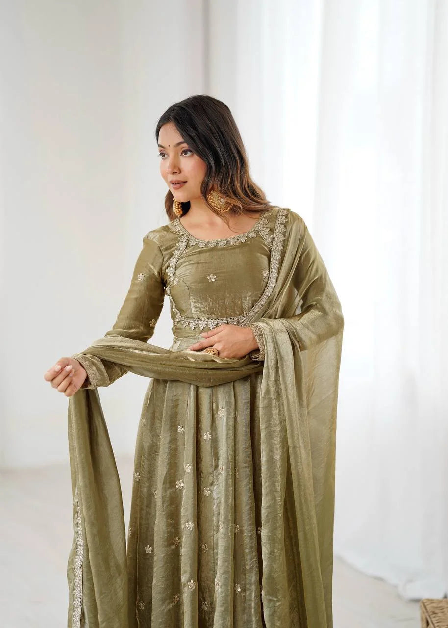 Premium Fandy Silk Gown Set with Full Flair and Elegant Detailing