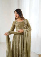 Premium Fandy Silk Gown Set with Full Flair and Elegant Detailing