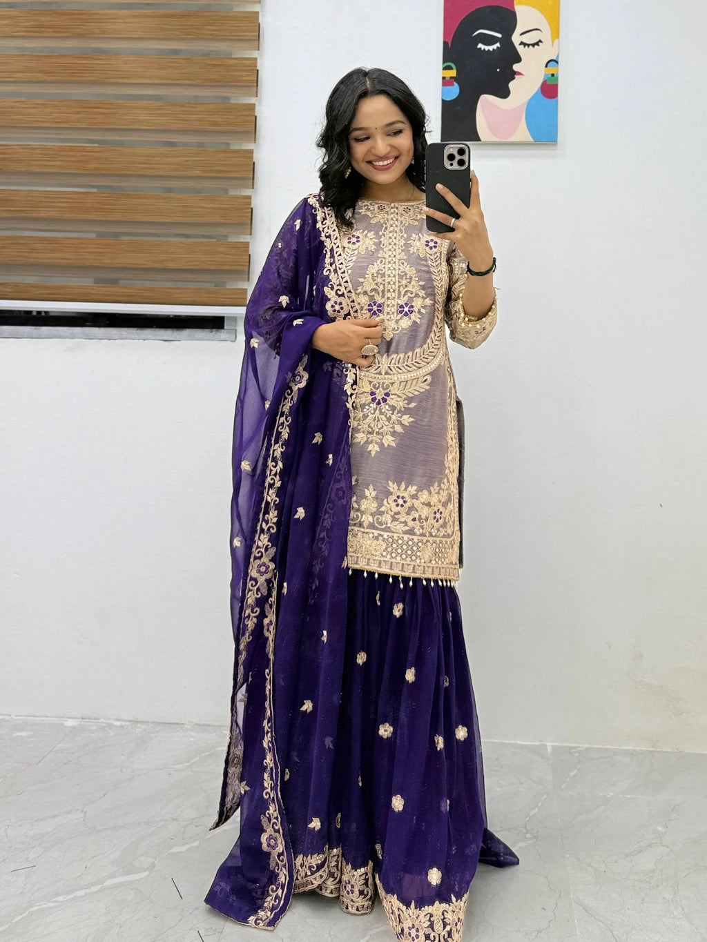 Embroidered Crancy Silk Top Palazzo Set with Fox Georgette Dupatta for Eid