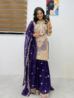 Embroidered Crancy Silk Top Palazzo Set with Fox Georgette Dupatta for Eid